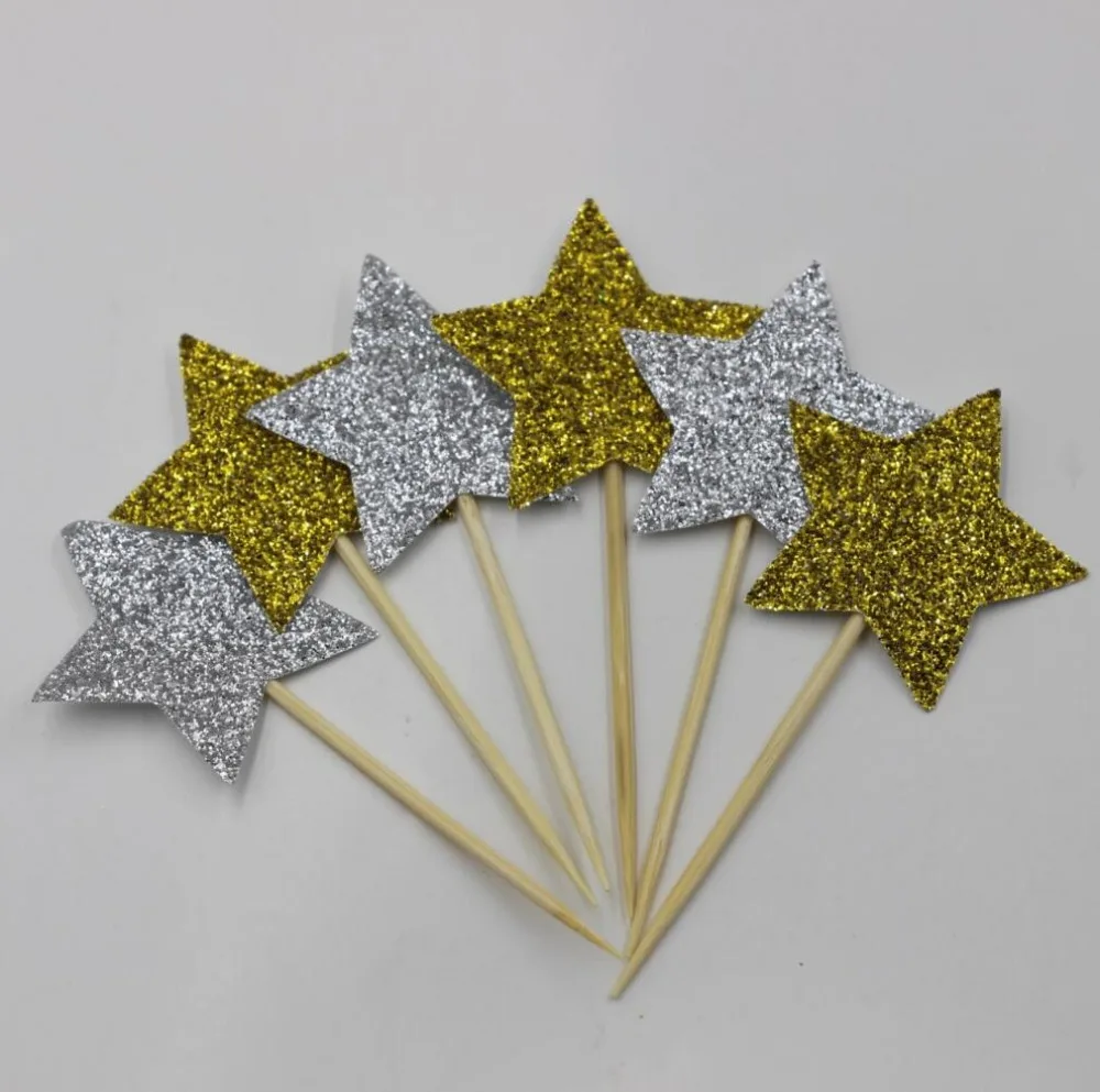 24 шт мерцающие звезды торт Топпер Золотой Серебряный свадебный душ