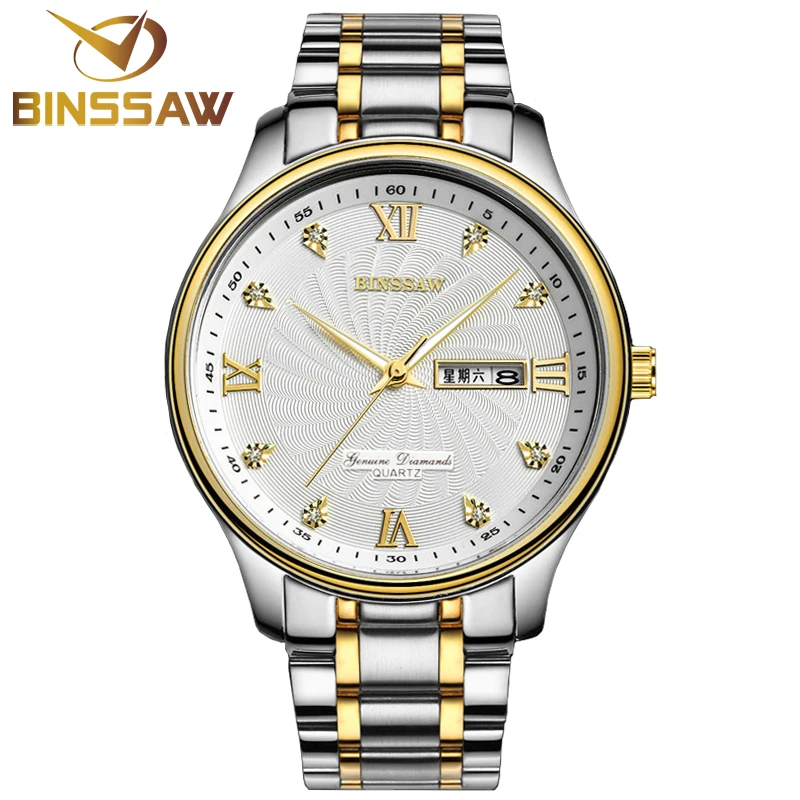 Часы BINSSAW мужские кварцевые механические водонепроницаемые из нержавеющей стали
