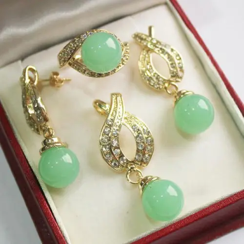 

Women's Wedding 1Set AAA 12mm Green stone Necklace Earrings Ring Set real new-jewelry natural Luxury Ms. girl Wedding Jewelry