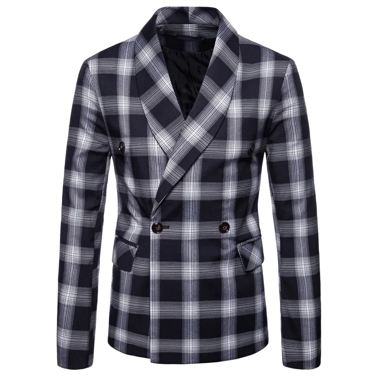 Серый Mens Long sleeve fashion Dance brand Blazer Wedding Stage grid pattern Business affairs Suit Jackets dropshipping Slim top coats - Цвет: Серый