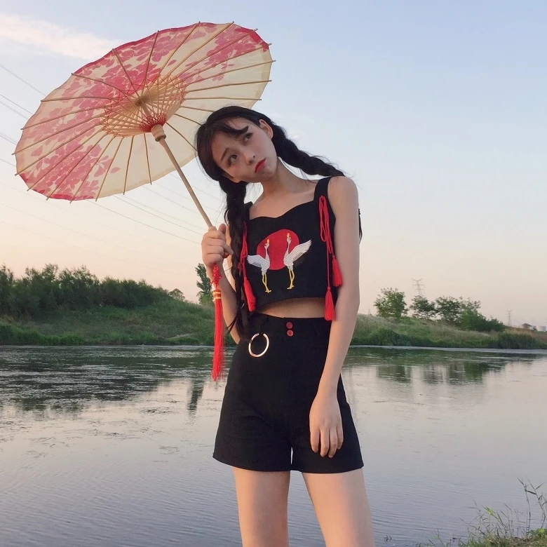 Милый женский комплект из 2 предметов: вышитая подвеска с Журавлями короткий