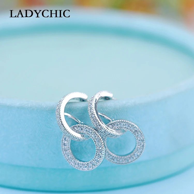 

LADYCHIC New Fashion Cubic Zircon Silver Color Double Circle Drop Earrings for Women Elegant Jewelry Earring Accessories LE1337