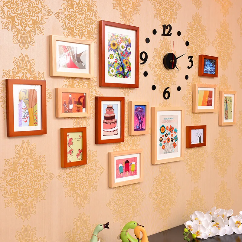 

European Wood Pictures Frame Set, 13pcs Wall Combination Photo Frames Set, Home Decoration Wall Clock Photo Frames for Picture