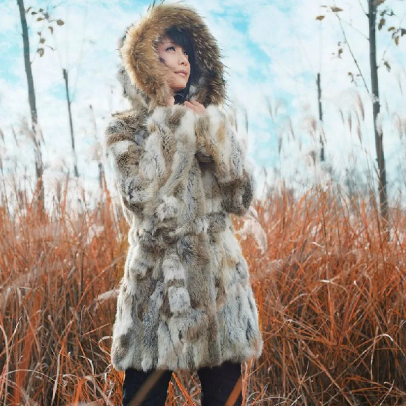 Новое поступление Женское пальто из натурального кроличьего меха с капюшоном