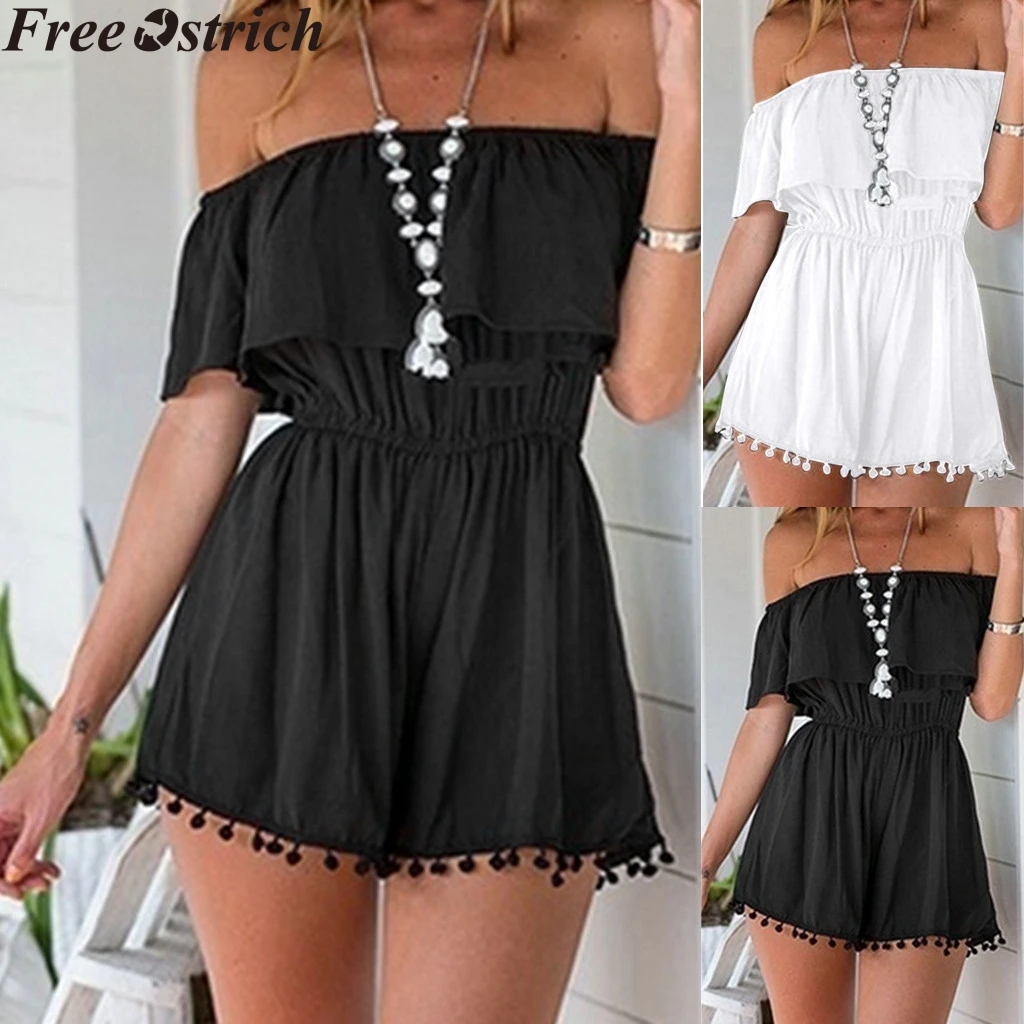 

Summer women's short jumpsuit with a word shoulder tassel solid color plus size fashion jumpsuit Ladies casual high waist romper