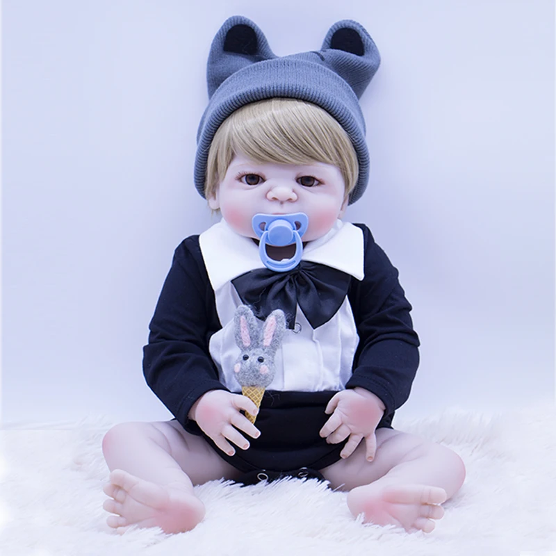 

23'' 57cm baby reborn all Silicone dolls, lifelike doll reborn babies toys Black dress boy doll's on birthday gift for girls bjd