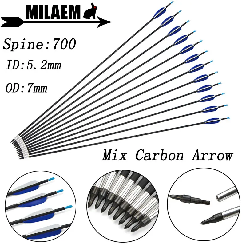 

6/12pcs 32inch Archery Mix Carbon Arrow Spine 700 OD7mm ID5.2mm 80Gr Arrowhead Replace 3inch Turkey Feather Shooting Accessories