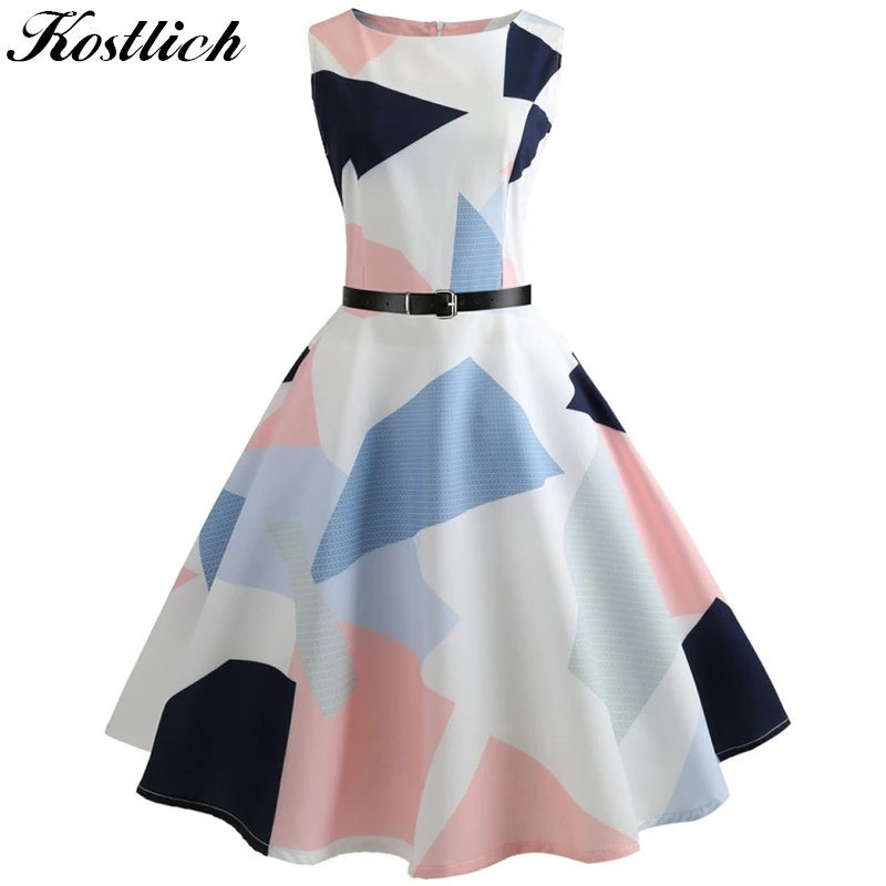 Kostlich/2018 Платья с круглым вырезом и геометрическим принтом летнее винтажное