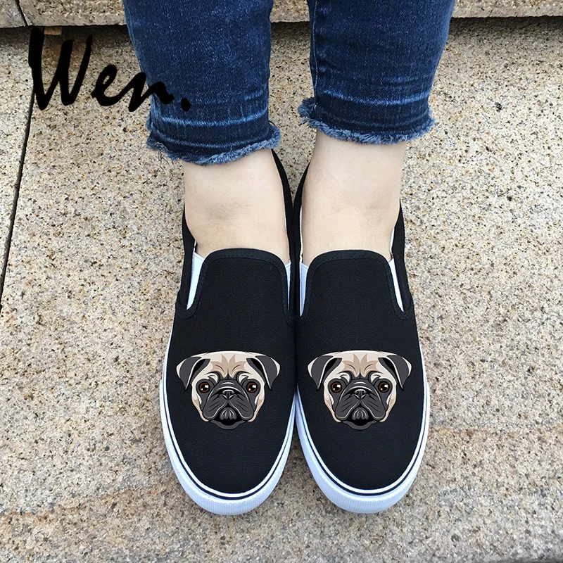 Wen Design Simple and Honest Pug Dog Black White 2 Colors Shoes Canvas Men Sneakers Slip On Women Flat Pumps for Birthday Gift | Спорт и