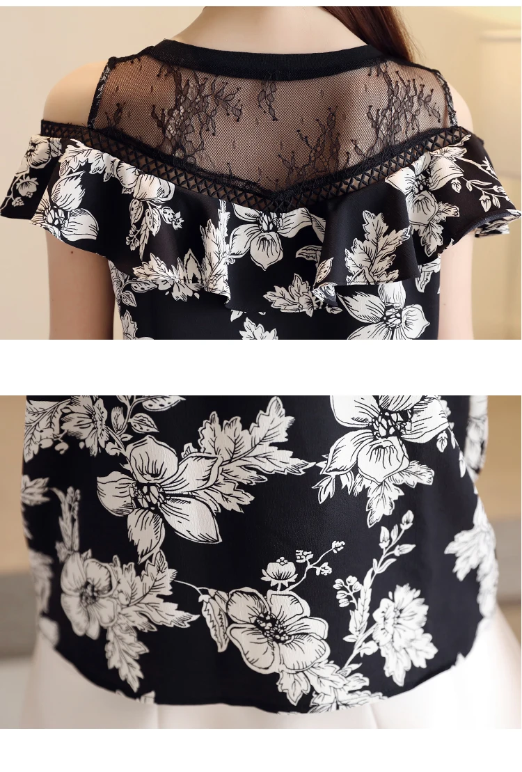 

Fashion round collar hollow lace print chiffon blouse shirt womens tops and blouse summer short sleeve off shouler top 2864 50