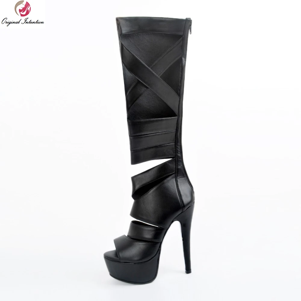 

Original Intention Sexy Women Knee High Boots Platform Peep Toe Thin Heels Boots Fashion Black Shoes Woman Plus US Size 4-15