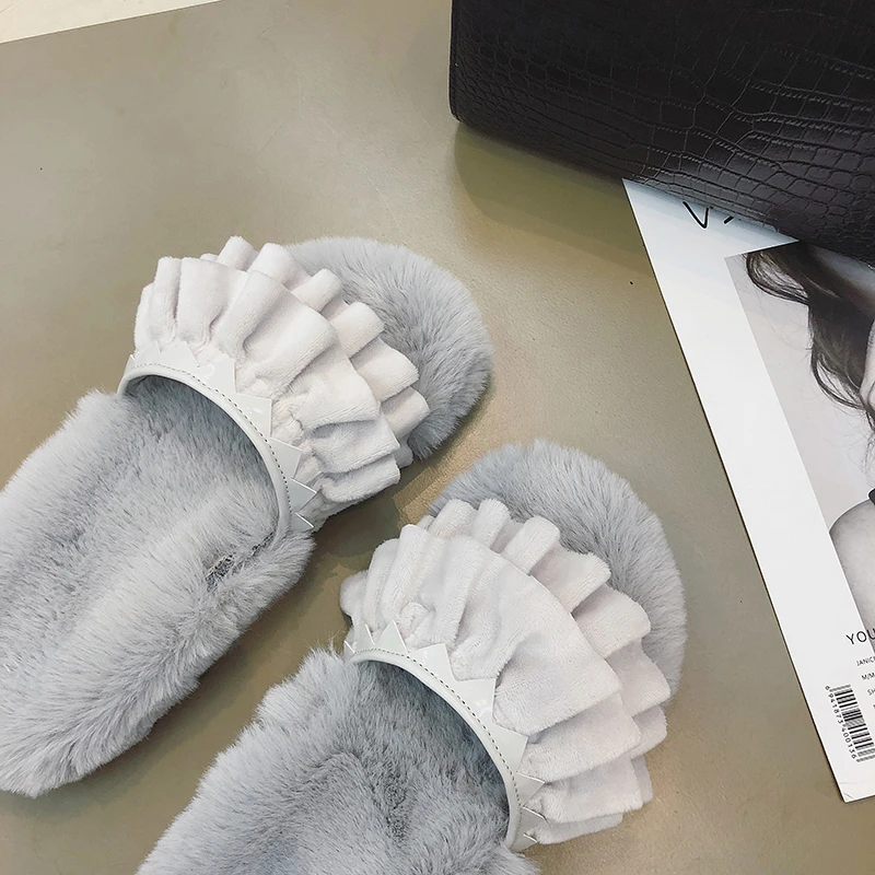 HEE GRAND/меховые тапочки с оборками обувь на платформе женская толстой мягкой