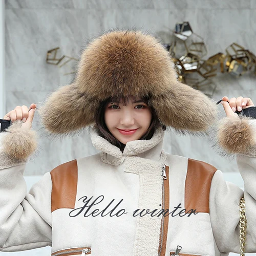 raccoon fur Шапки-бомберы из натурального Лисьего меха, зимние теплые женские пушистые шапки-ушанки из натурального Лисьего меха, роскошные качественные шапки из натурального Лисьего меха для русской леди - Цвет: raccoon fur
