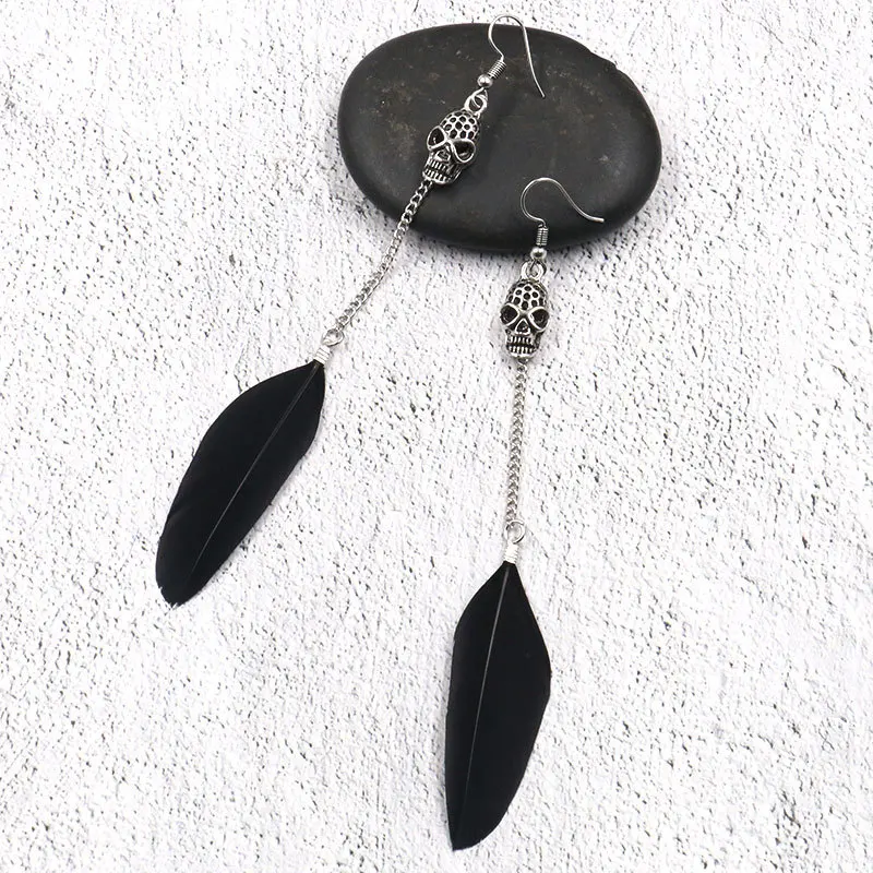 

Vintage Punk Style Skeleton Earrings Handmade Steampunk Skull Earrings Jewelry Black Feather Long Tassel Earrings Jewelry 2019
