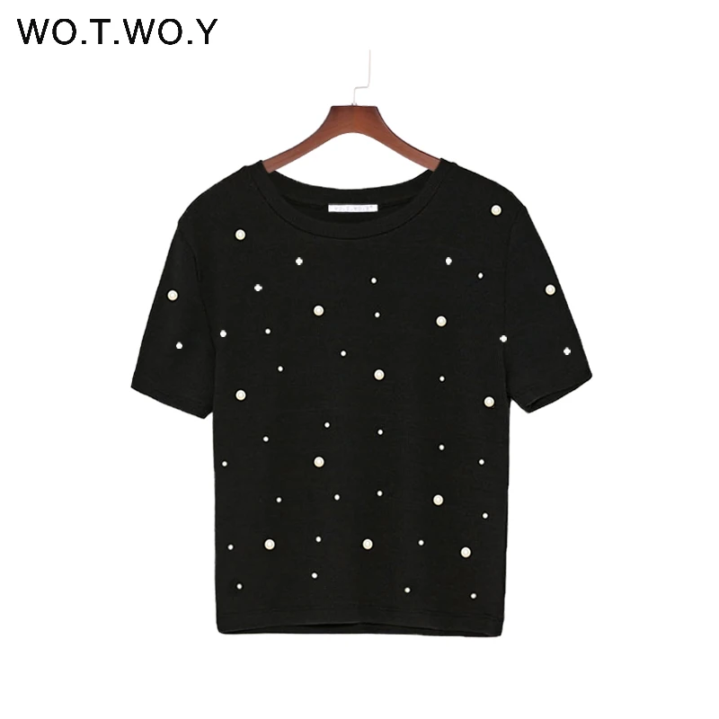 Женская хлопковая Футболка с жемчугом WOTWOY Повседневная Свободная черная