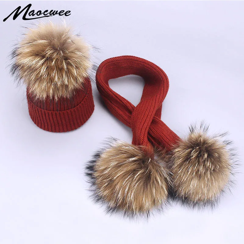 

Winter Child Pompom Hat And Scarf Set Warm Wool Crochet Beanies With Real Fur Pompon Soft Solid Elasticity Knitted Pom Pom Bone