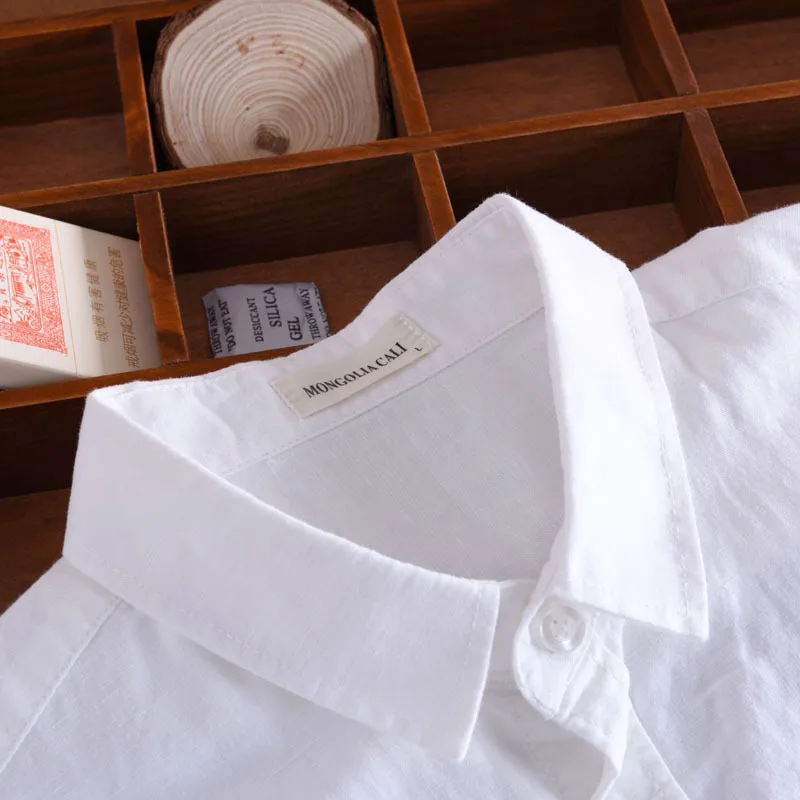 Повседневная Мужская льняная рубашка с коротким рукавом и отложным воротником