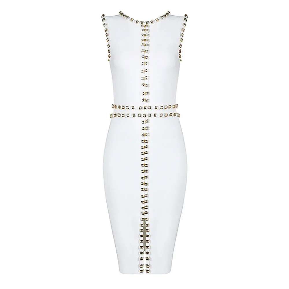 Белый цвет вид спереди сплит-платье без рукавов с бусинами Праздничное платье на