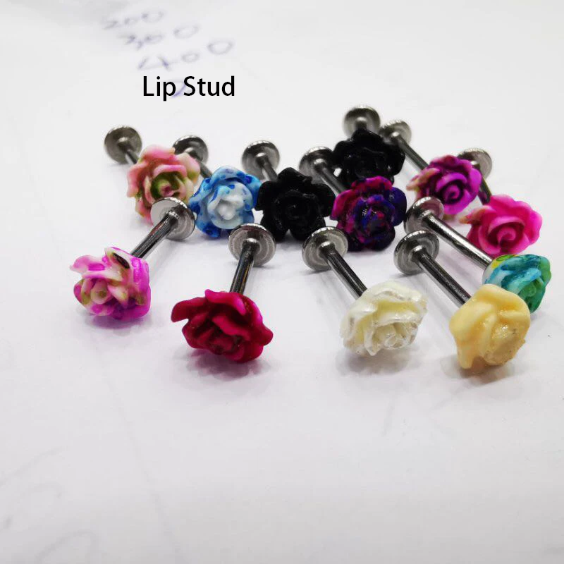 Lip Stud Flat End 1 шт случайный цвет акриловый цветок хирургическая стальная штанга для пирсинга пупка Кнопка кольца губы шпилька пирсинг серьги-гвоздики Спираль пирсинг ювелирные изделия - Окраска металла: Lip Stud Flat End