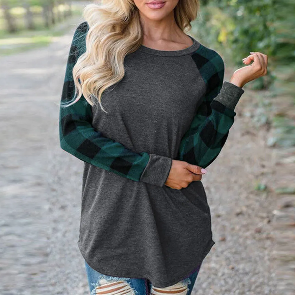 Женский пуловер в клетку с круглым вырезом большие размеры Повседневный на весну