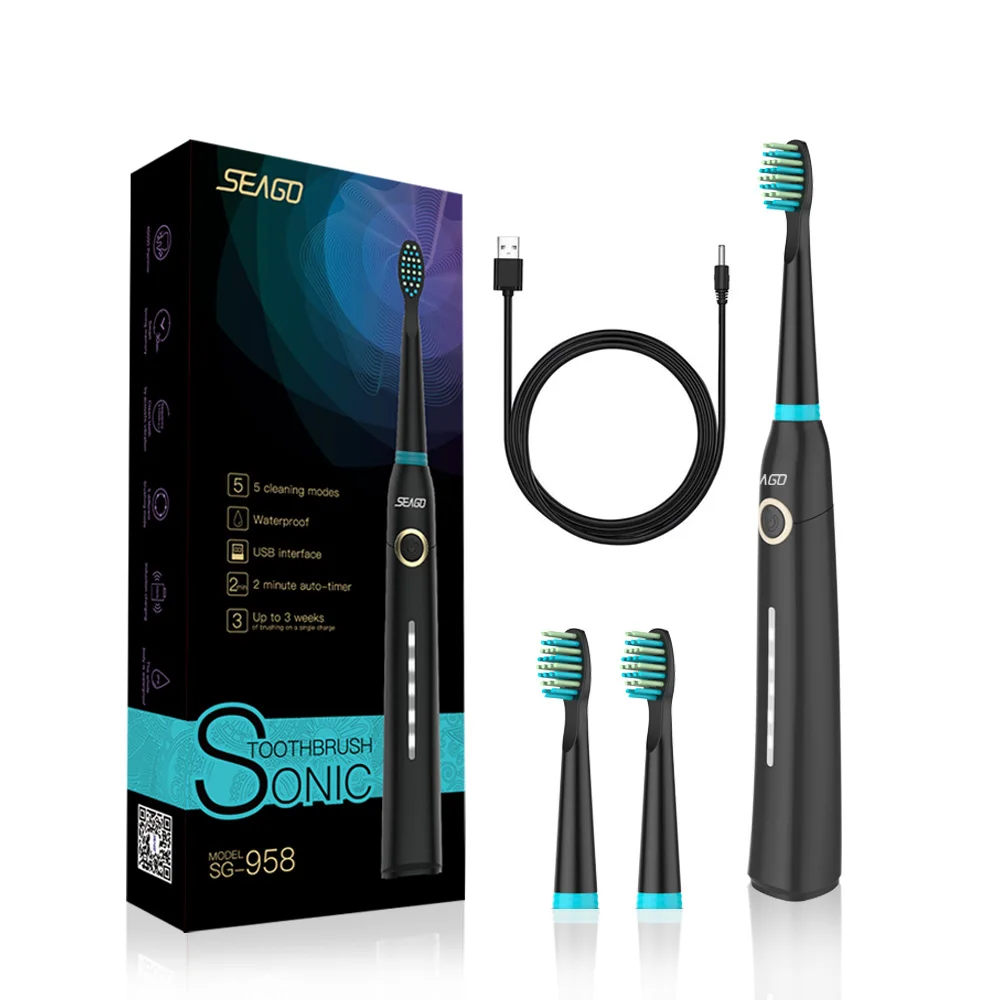 958BK-3 brush head SEAGO звуковая электрическая зубная щетка для взрослых с таймером, электрическая зубная щетка с зарядкой от USB, 3 шт Сменная головка щетки SG958 - Цвет: 958BK-3 brush head