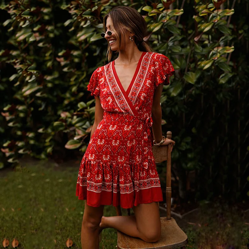 Mini sexy dress BONJEAN brand floral print bohemian beach V-neck temperament female holiday 2019 summer new style | Женская одежда