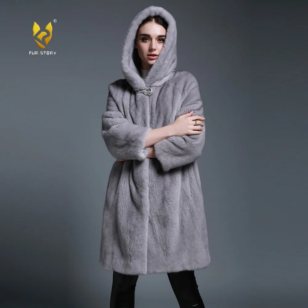 Женское пальто с капюшоном Fur Story FS161210 зимняя куртка из натурального меха норки |