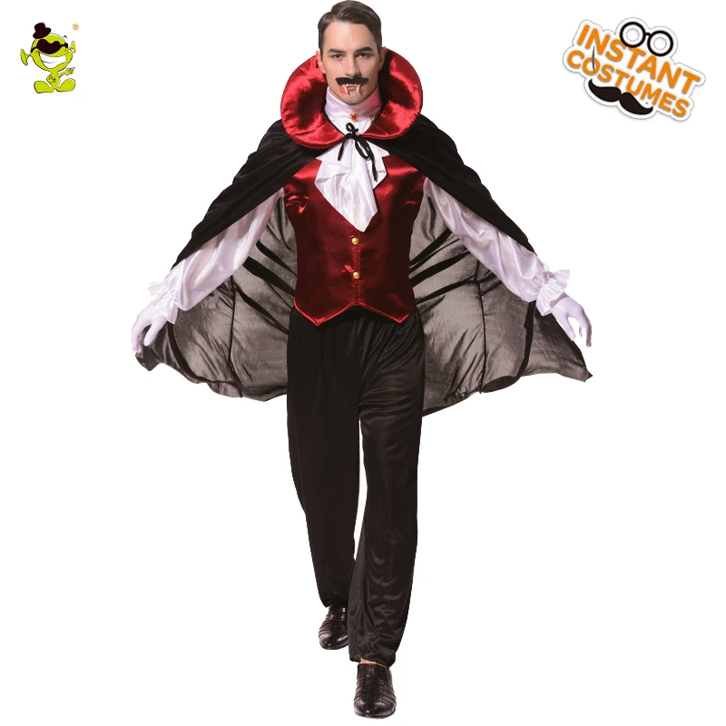 

Men Gothic Vampire Costume With Hooded Cloak Robe Witch Cape Halloween Fancy Party Role Play Vampire Purim Costumes