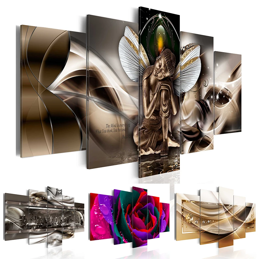 

2019 5PCS/Set Fashion Wall Art Canvas Painting Abstract Building Flowers Buddha Modern Home Decoration,Choose Size:3(No Frame)