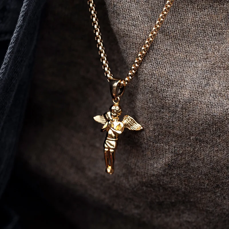 Титановая сталь Hands Pray Angel ожерелье Модная Золотая цепочка трендовая крутая подвеска Мужская хип-хоп металлическая Бижутерия Золотое серебро