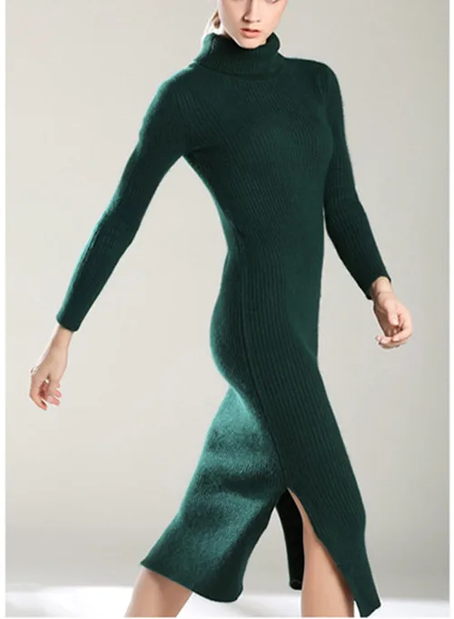 

high grade cashmere knit women's long dress pullover sweater calf-length turtleneck hem-open wholesale retail