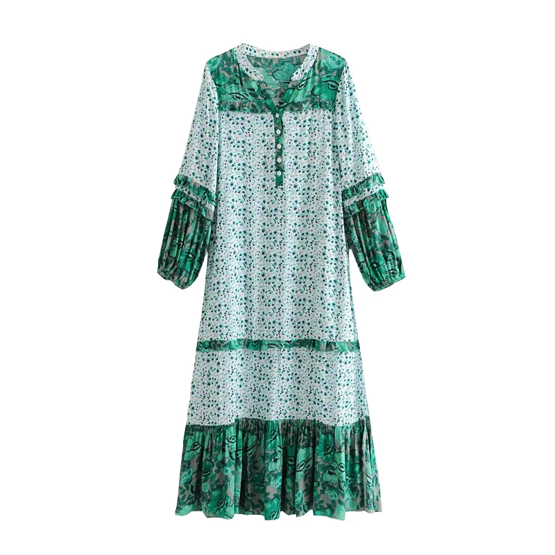 Женское винтажное платье с цветочным принтом V-образным вырезом и разрезом |