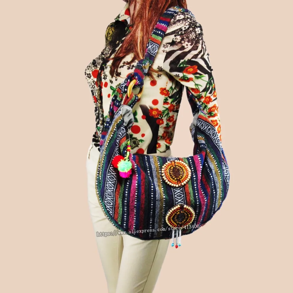Винтажная Этническая тайская Сумочка hmong Boho в стиле бохо, сумочка-мессенджер в стиле бохо, сумка-тоут с помпоном, отделка бисером, sys-1015