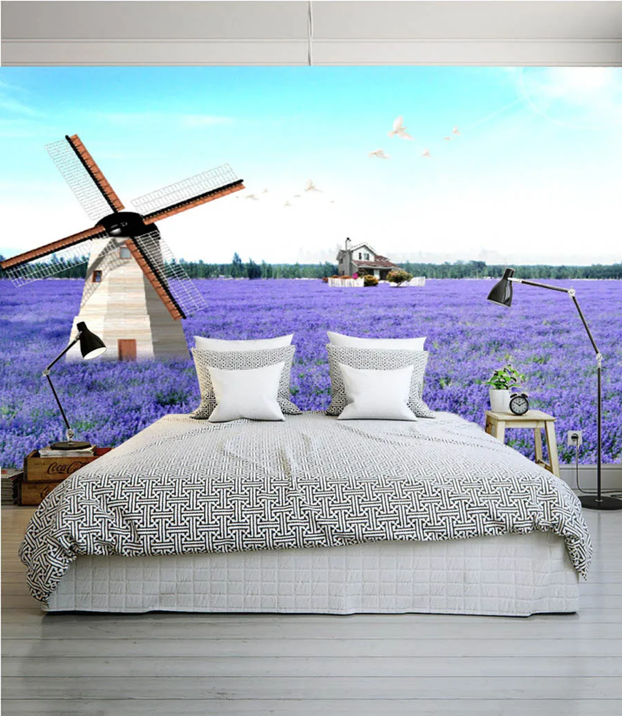 Лавандовая ветряная мельница природный ландшафт винтажная 3D комната фото обои