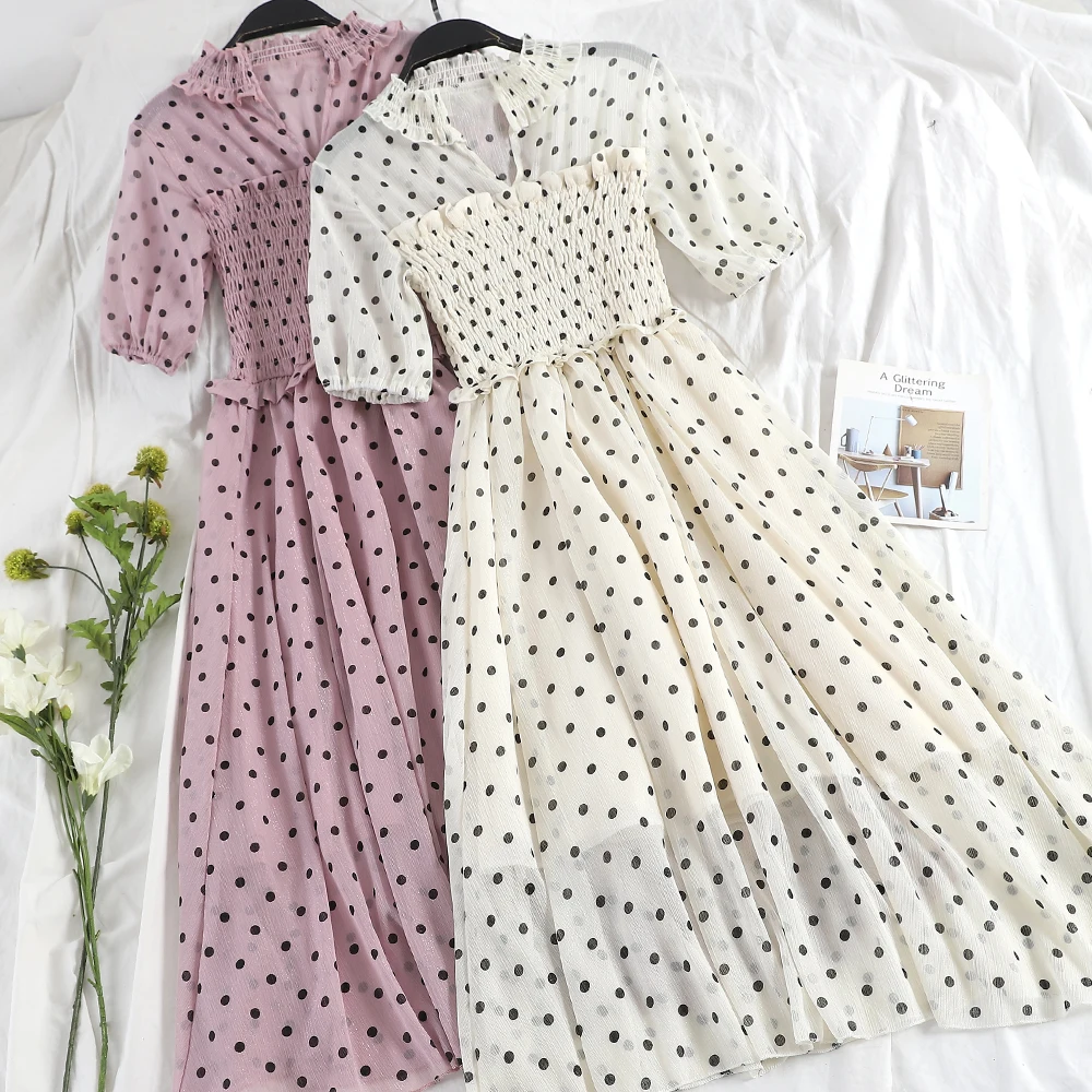 Женское шифоновое платье в горошек повседневное облегающее плиссированное