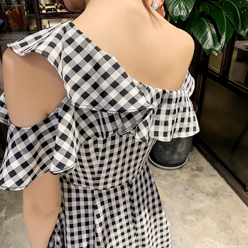 JIBAIYI Black Plaid One Shoulder Elegant Dresses Vintage Ruffle Slash Neck Women Summer Dress High Waist Bodycon Sexy Sundress | Женская