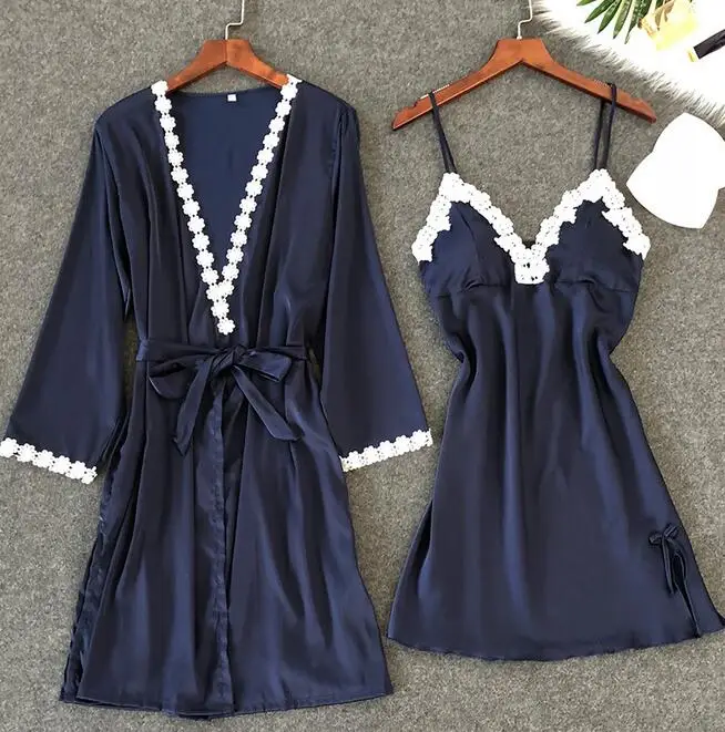 navy blue B Комплект из 4 предметов, сексуальное шелковое атласное ночное белье, Цветочный халат+ ночная рубашка+ топ-комбинация+ шорты, кружевное ночное белье, домашняя одежда для женщин - Цвет: navy blue B