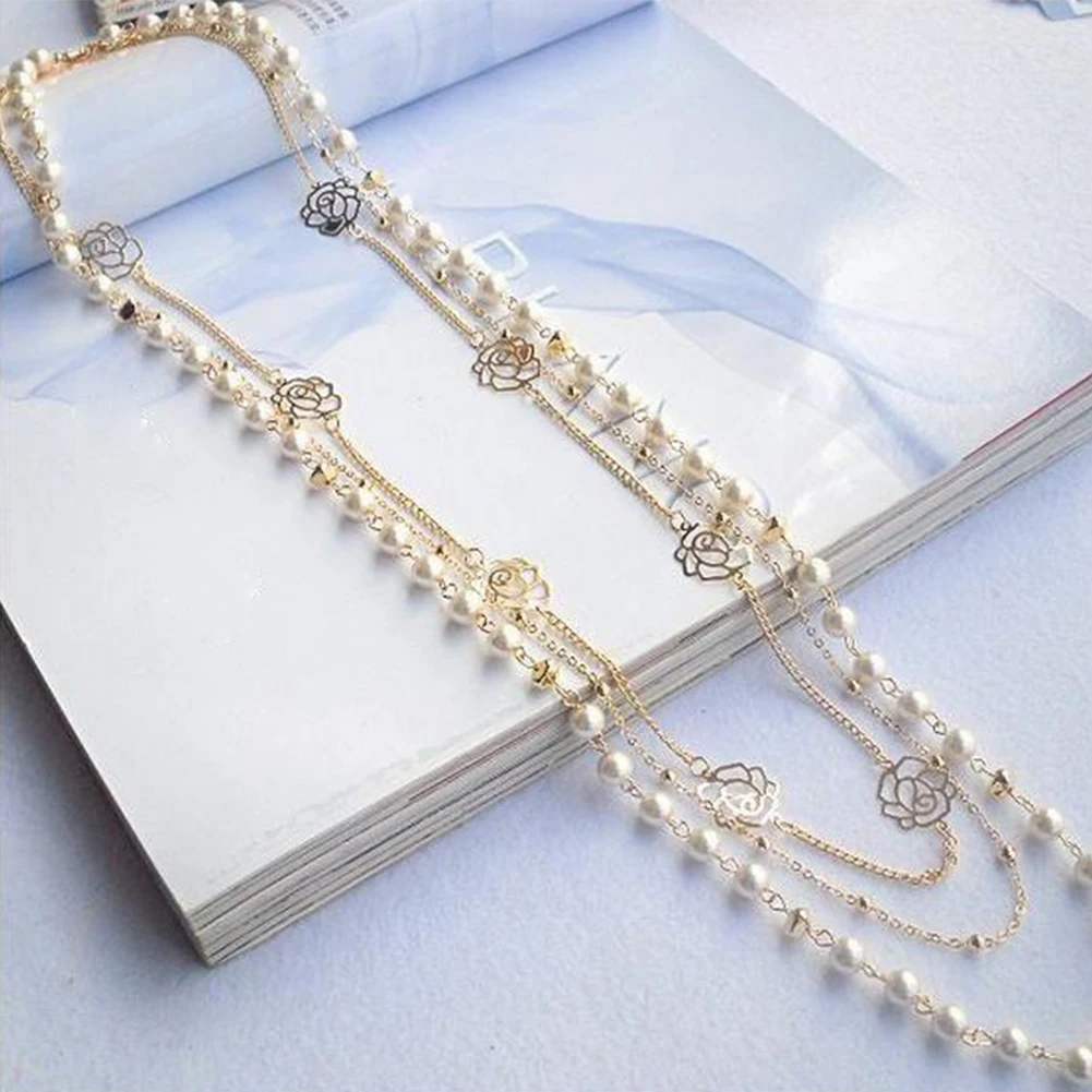 Корейский стиль женщин многослойное длинное жемчужное ожерелье кулон свитер