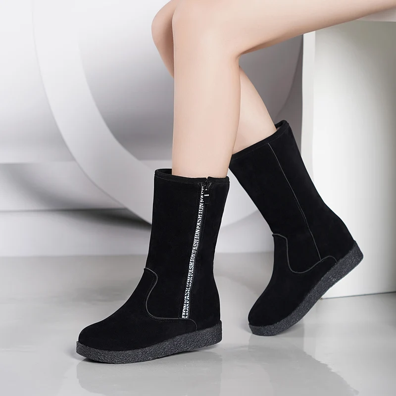 Модные женские зимние ботинки черного цвета; Утепленные ботинки; zapatos de mujer; ботинки-трубы на плоской подошве, на молнии, средней высоты; Каблук 5 см