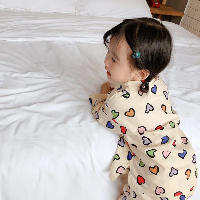 Детские хлопковые цветные с принтом сердце рубашка длинным рукавом + Штаны