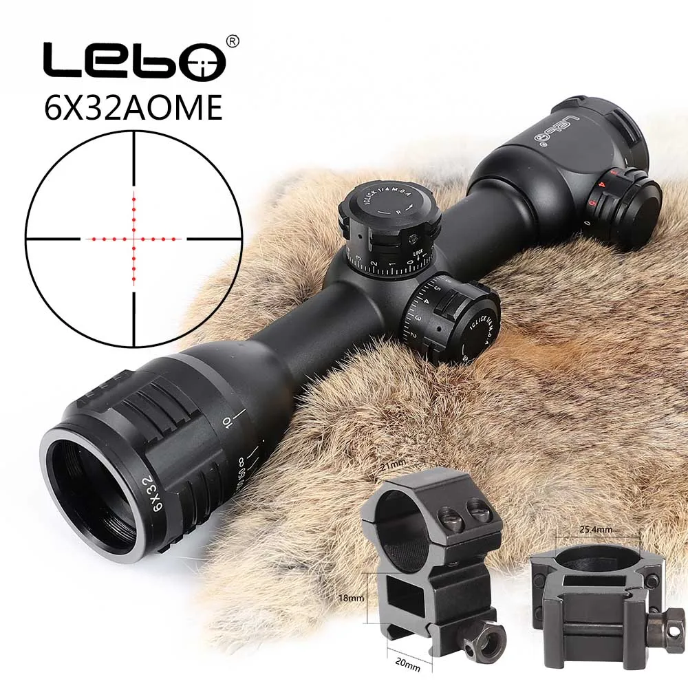 with Picatinny Rings LEBO 6x32 AOME Mil-Dot стекло гравированное с подсветкой сетка Компактный Тактический оптический прицел замок прицел для охоты прицел - Цвет: with Picatinny Rings