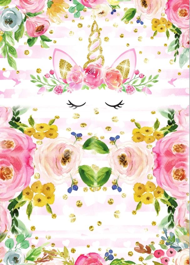 

5x7FT Pink Floral Flowers Gold Unicorn Horn Mask Face Custom Photo Studio Background Backdrop Vinyl 150cm x 220cm