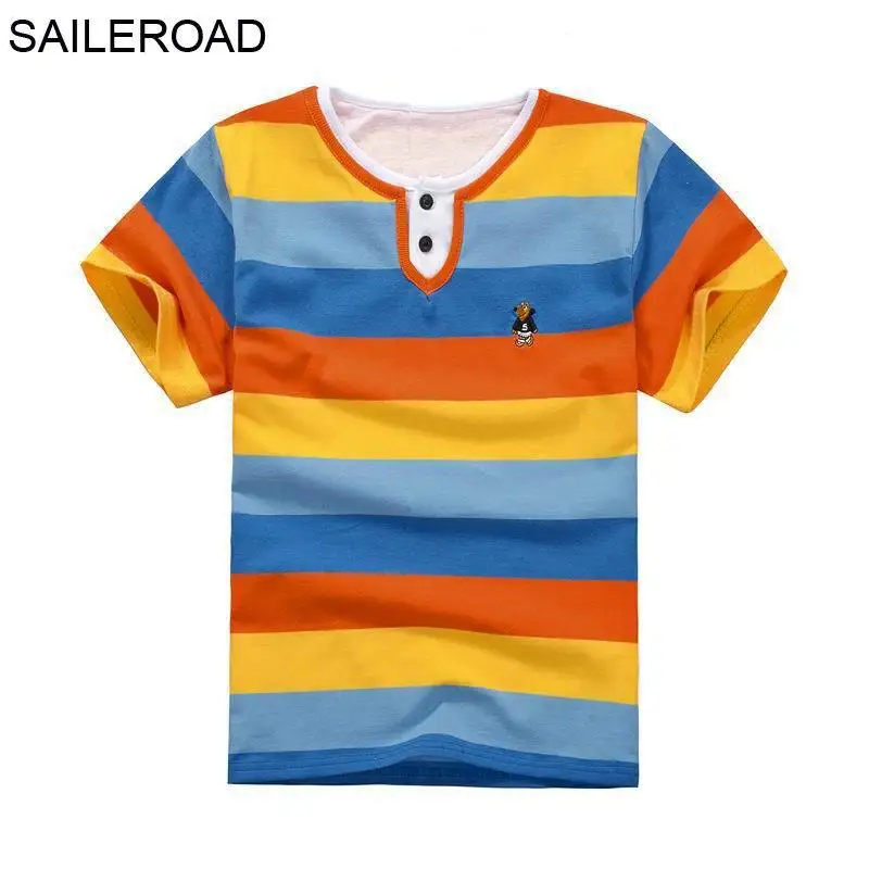 orange yellow SAILEROAD/ хлопковая футболка для мальчиков и девочек-подростков Новые повседневные топы в полоску для мальчиков-подростков от 8 до 15 лет - Цвет: orange yellow
