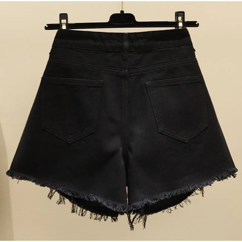 Летние черные короткие джинсы размера плюс Стразы 3XL 4XL женские эластичные