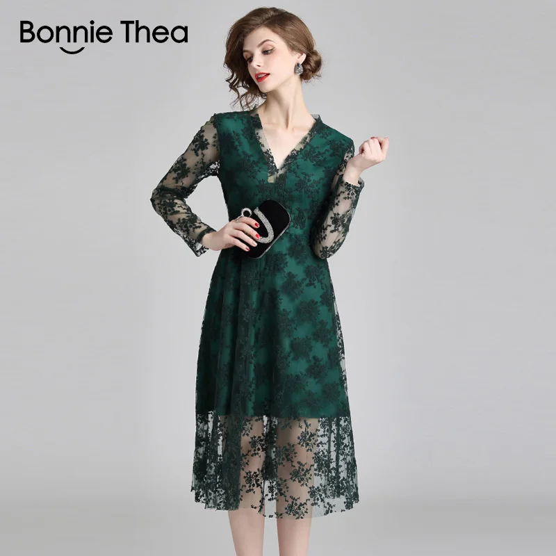 Bonnie Thea женское зеленое кружевное длинное платье осеннее с длинным рукавом