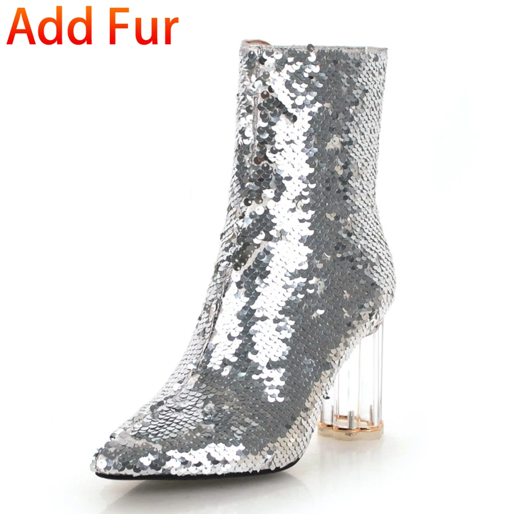 silver thick fur DoraTasia Fashion Sequined Cover Ankle Boots Female Autumn Winter Shoes Pointed Toe High Heels Boots Women Shoes - Цвет: silver thick fur