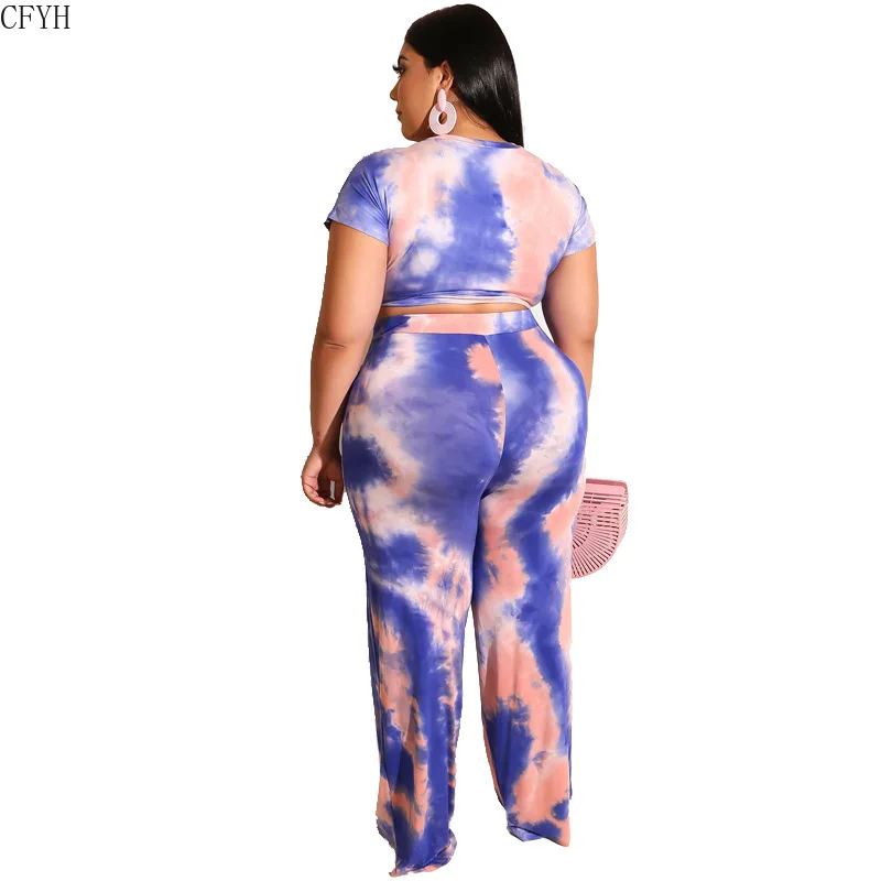 

5XL Tie Dye Two Piece Tracksuit Sexy Plus Size Matching Set O Neck Sleeve Crop Top and Skinny Pants Summer Clothes for Women