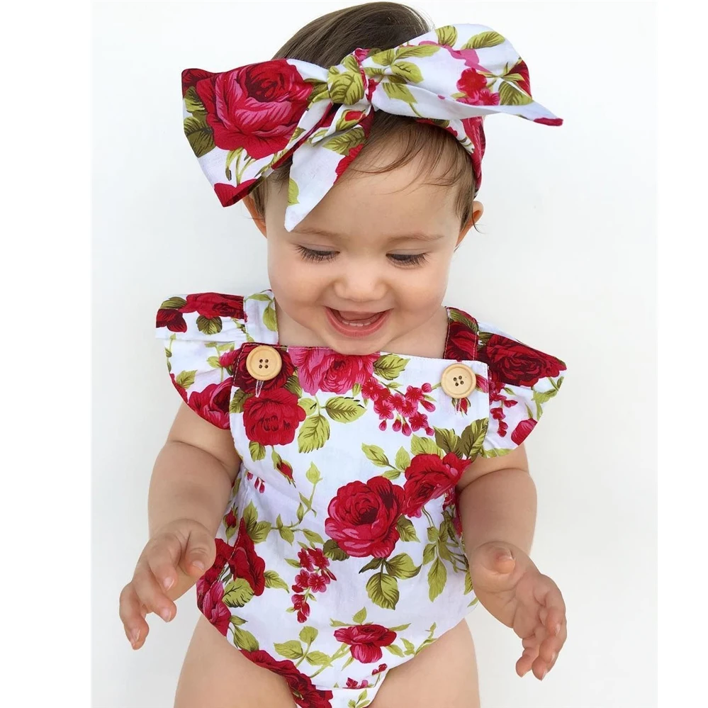 Oklady 2019 Floral Newborn Baby Girl Clothes Ruffles Sleeve Bodysuit +Headband 2pcs Outfit Bebek Giyim Sunsuit 0-24M Clearance | Детская