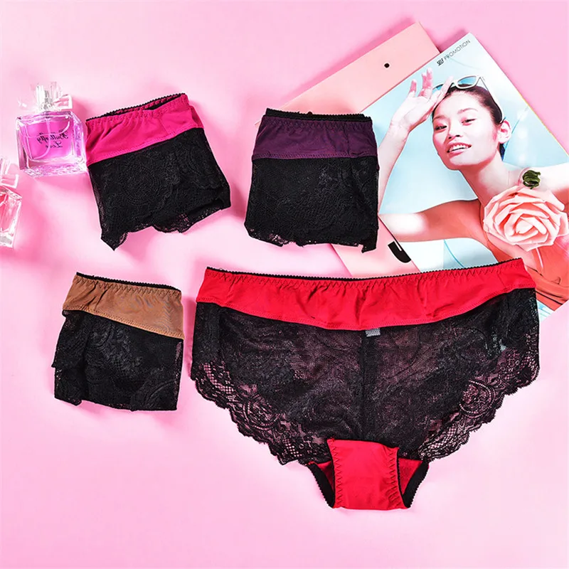 IZA.Z Women Combination Panties 4PCS Mid-Rise Red Purple Fashion Sexy Underwear Transparent Lace Female CZ0711 |