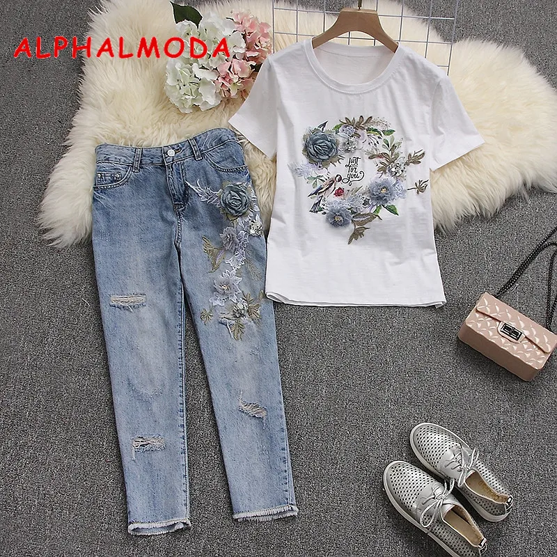 Женские хлопковые футболки ALPHALMODA с коротким рукавом и объемным цветочным